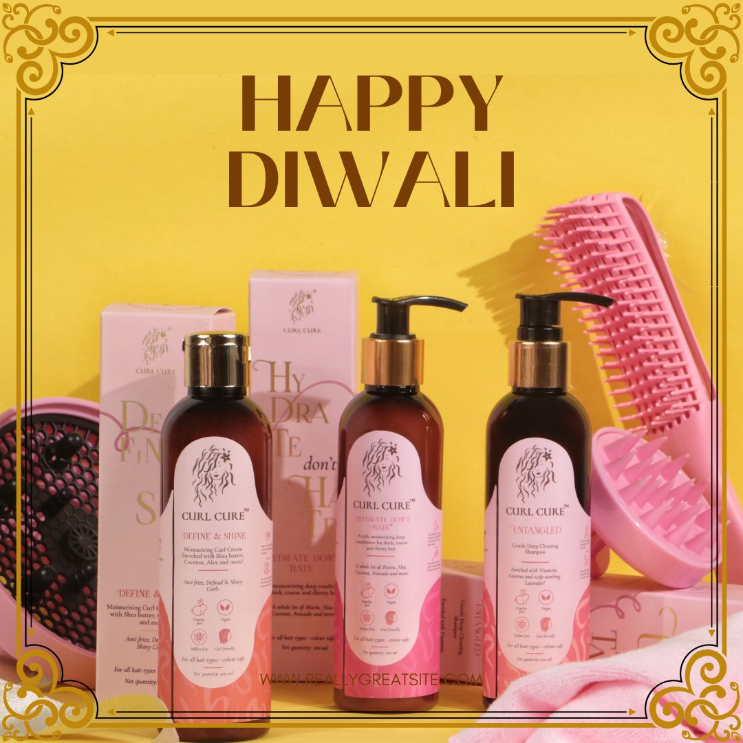Diwali Combo Box - 3step Curl Routine(Shampoo, Deep Conditoner,Curl Cream), Diffuser, Hair Growth Serum + FREE Handmade Diyas (2) - Curl Cure