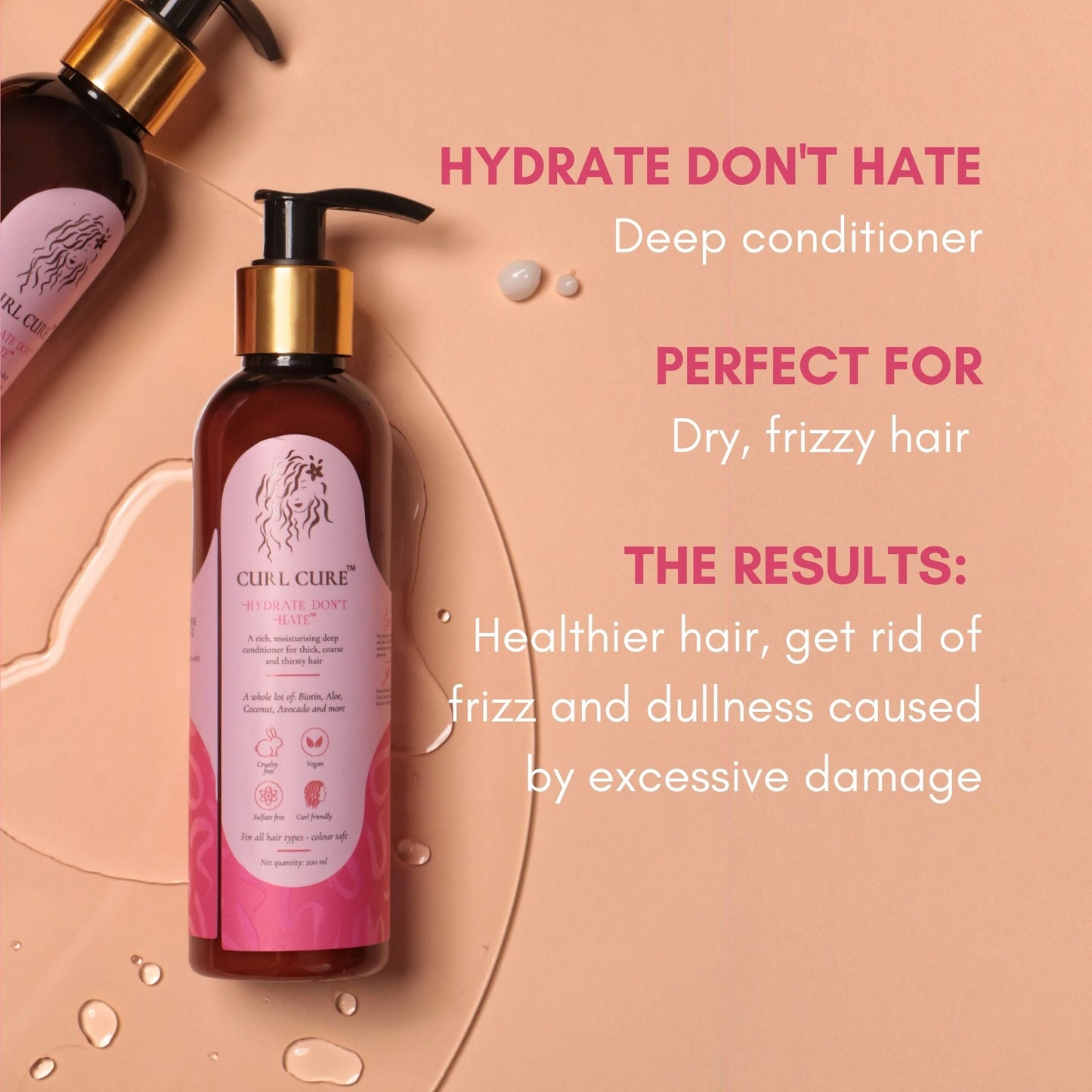 Hydrate Don't Hate - Intensive Hydration Conditioner / Hair Mask with Avocado and Aloe Vera | 100% Sulphate/Paraben Free | For all Hair Types -200ml - Curl Cure