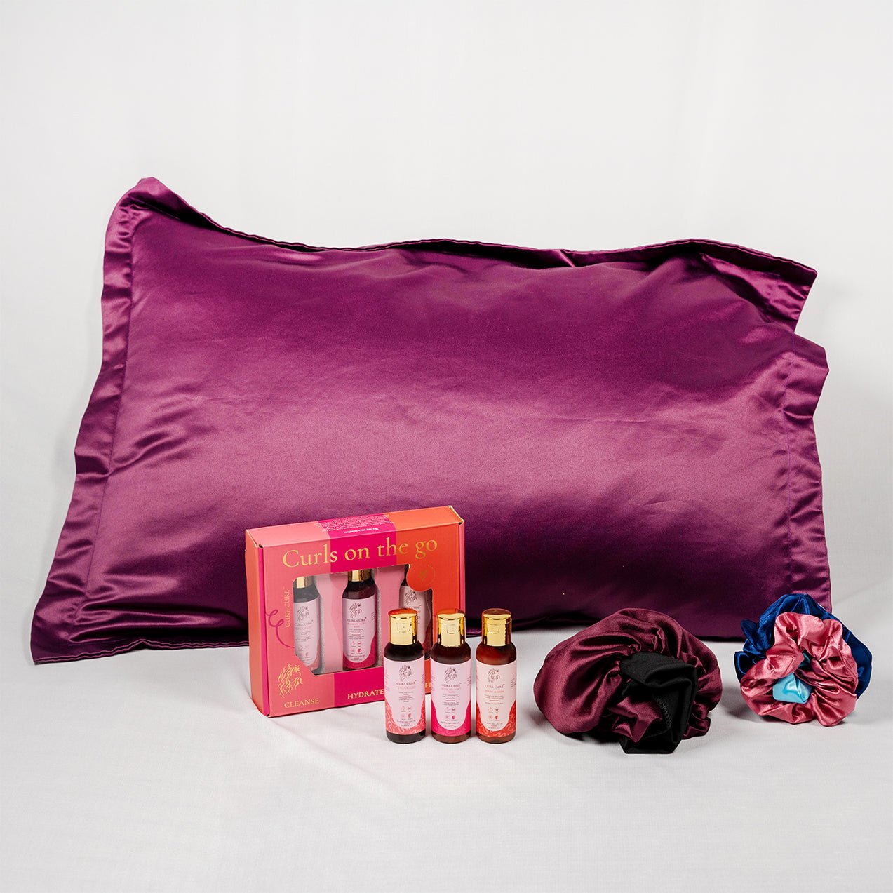 Sleeping kit (Pillowcase- pack of 1, Regular Bonnet, Scrunchie, Travel kit) - Curl Cure